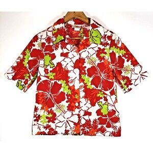 Vintage Lightning Bolt Hawaiian Shirt Women Small Red Hibiscus Floral Aloha Surf